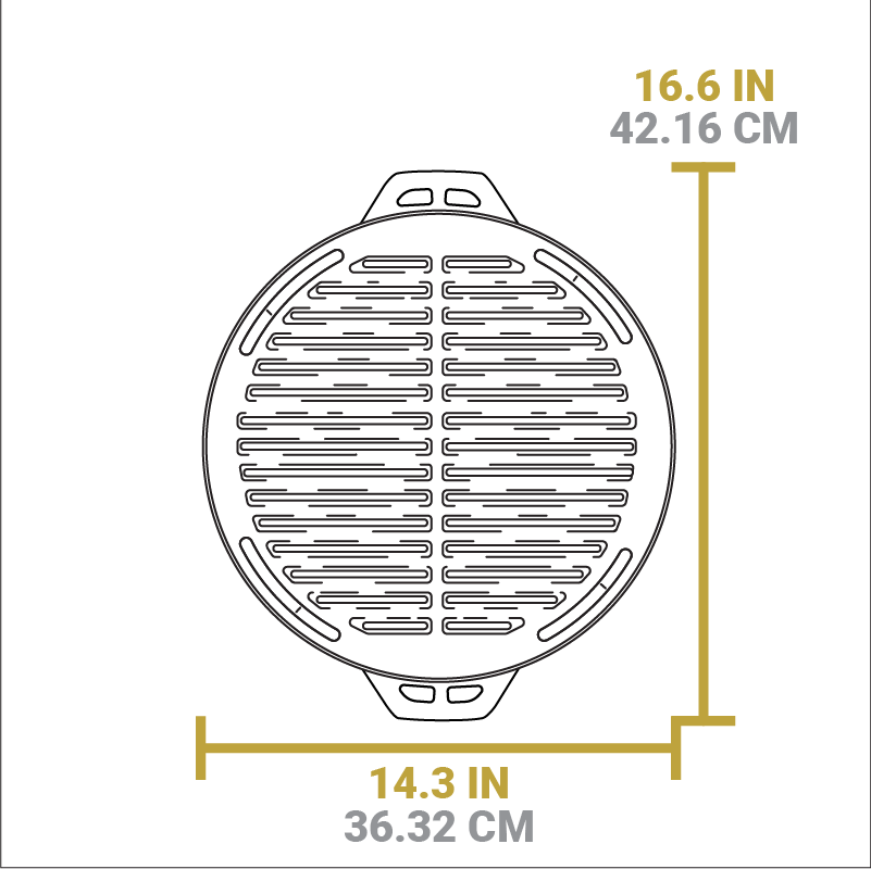 Dimensional drawing of product. Total width is 16.6 inches, total length is 14.3 inches.
