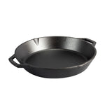 Black cast iron skillet with two loop handles and two pour spots.