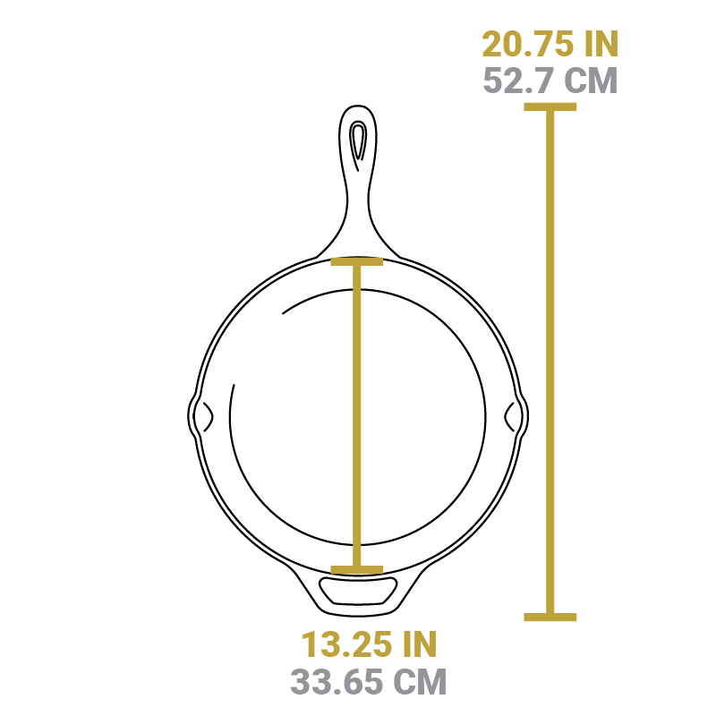 Dimensional drawing of product. Total length including handle is 20.75 inches, length of cooking surface is 13.25 inches.