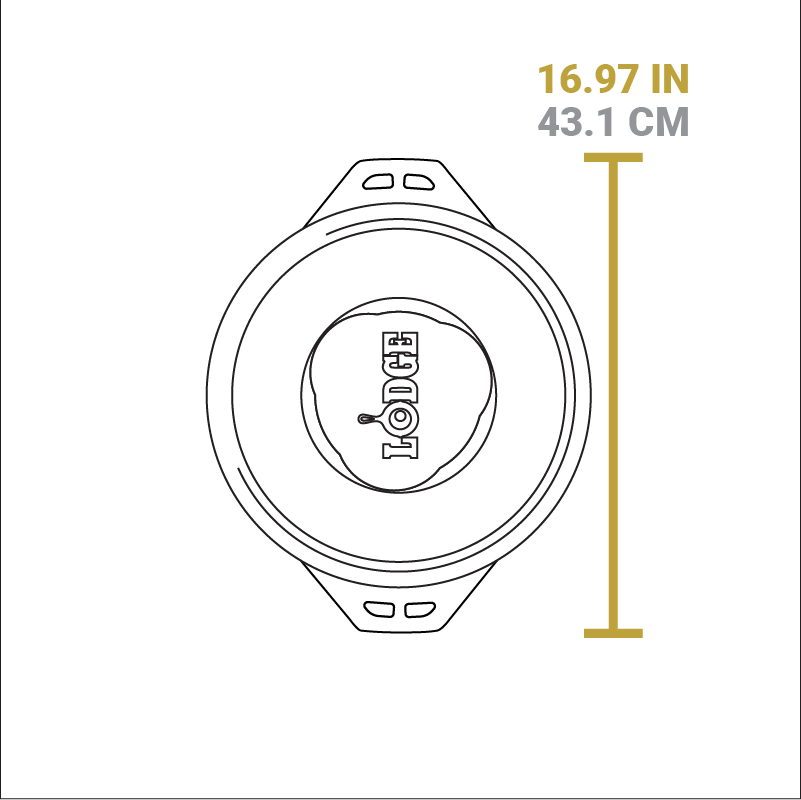 Dimensional drawing of product. The griddle/grill pan portion width including handles is 16.97 inches.