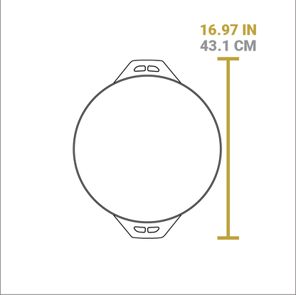 Dimensional drawing of product. The griddle/grill pan portion width including handles is 16.97 inches.