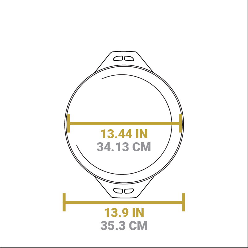 Dimensional drawing of product. The griddle/grill pan portion length is 13.9 inches, length of cooking surface is 13.44 inches.