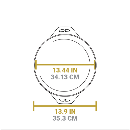 Dimensional drawing of product. The griddle/grill pan portion length is 13.9 inches, length of cooking surface is 13.44 inches.