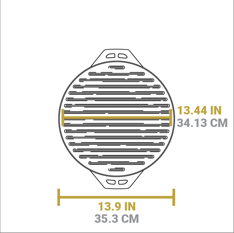 Dimensional drawing of product. The griddle/grill pan portion length is 13.9 inches, length of cooking surface is 13.44 inches.
