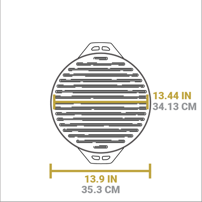 Dimensional drawing of product. The griddle/grill pan portion length is 13.9 inches, length of cooking surface is 13.44 inches.