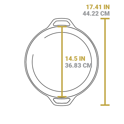 Dimensional drawing of product. Total width from handle to handle is 17.41 inches, width of cooking surface is 14.5 inches.