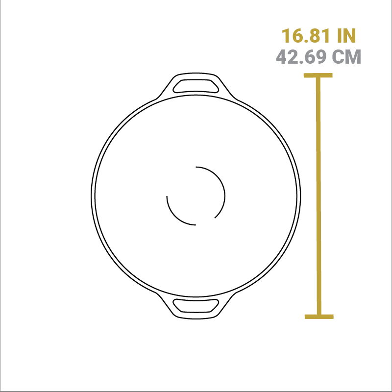 Dimensional drawing of product. Total width including handles is 16.81 inches.