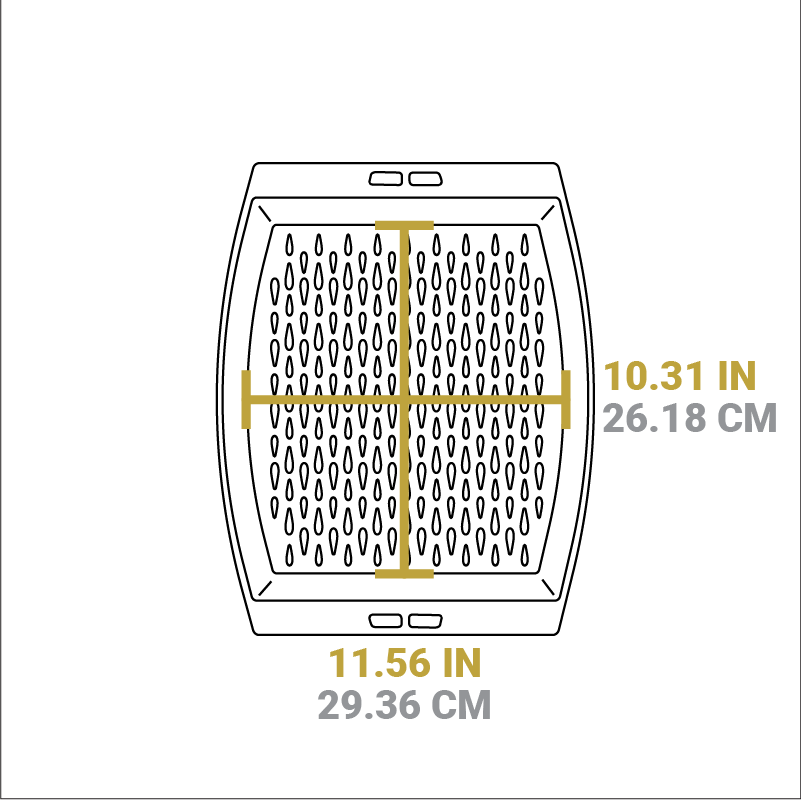 Dimensional drawing of product. Width of cooking surface is 11.56 inches, length of cooking surface is 10.31 inches.