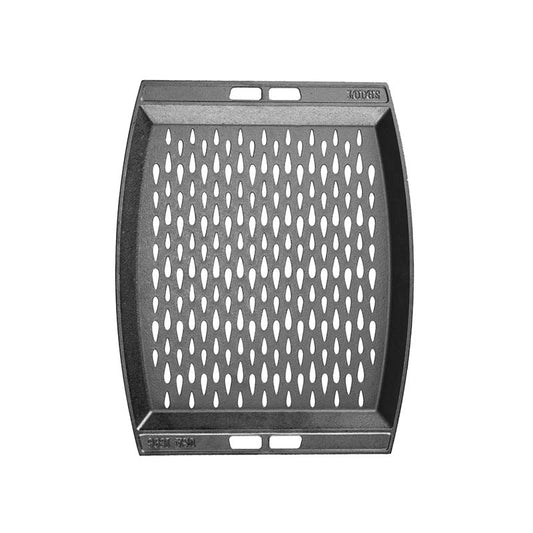 Top view of pan featuring cooking surface with teardrop shaped perforated holes.