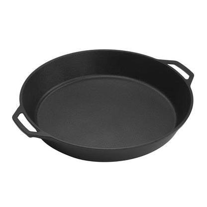 Black cast iron skillet with two loop handles.