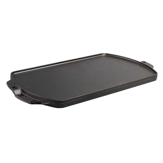 Black griddle/grill pan with dimensional handles to be used on each side.