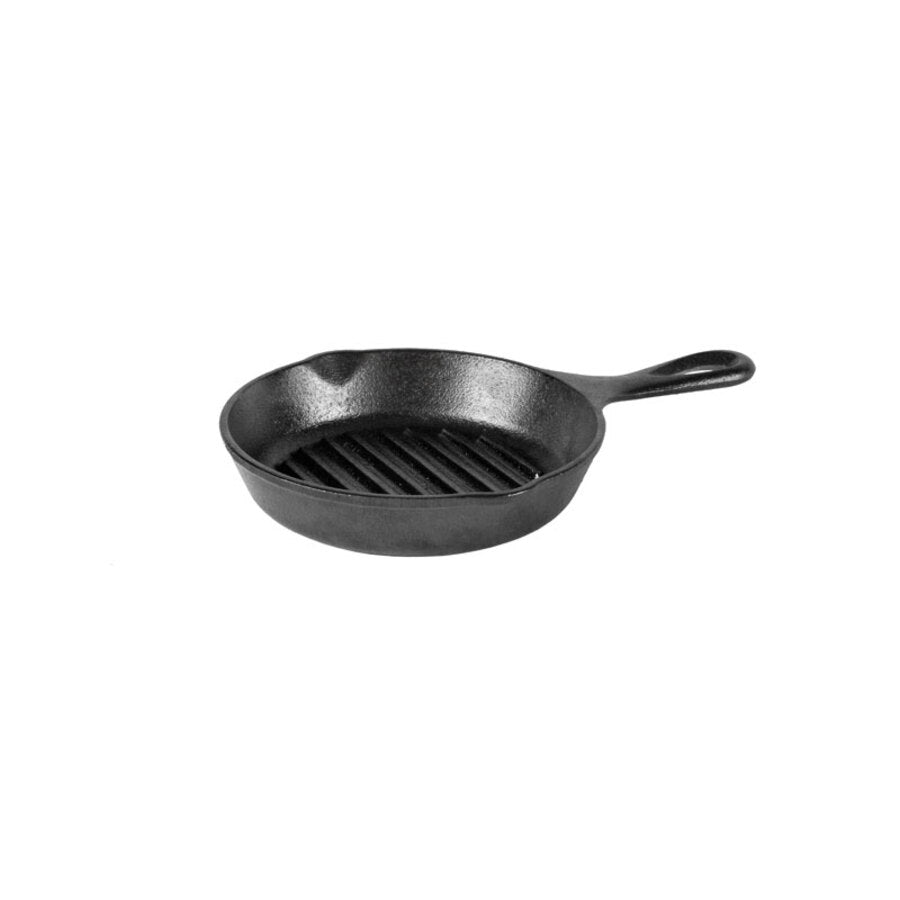 Round pan with grill lines on cooking surface and 2 pour spouts, along with a long handle.