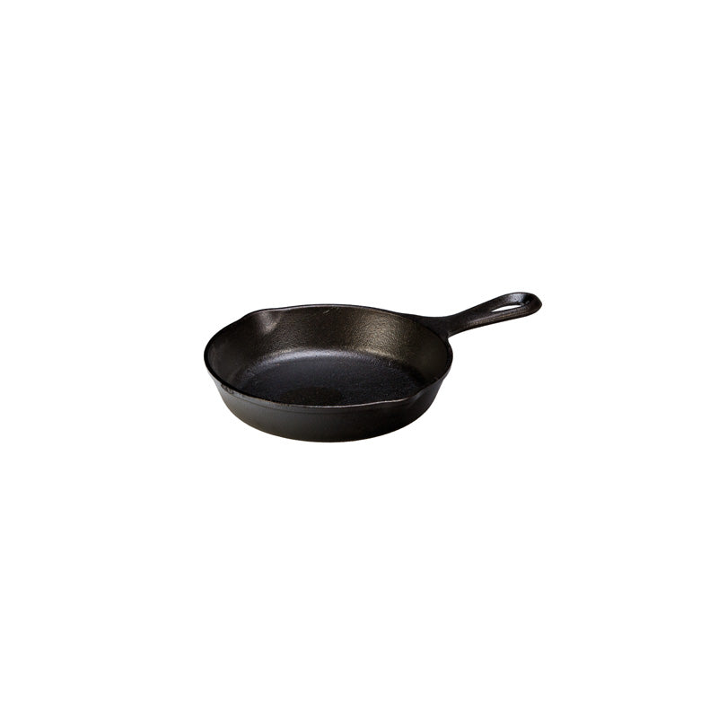 Black skillet with long handle and 2 pour spouts.