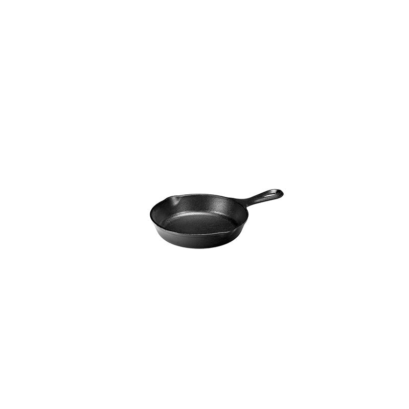 Cast iron skillet with long handle and 2 pour spouts.