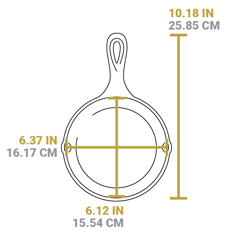 Dimensional drawing of product. Total length including handle is 10.18 inches, width of cooking surface from pour spout to pour spout is 6.37 inches, length of cooking surface is 6.12 inches.