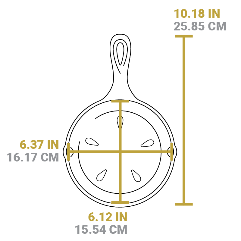 Dimensional drawing of product. Total length including handle is 10.18 inches, length of skillet surface is .12 inches, width is 6.37 inches.