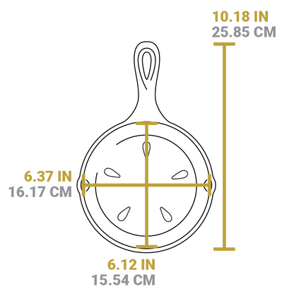 Dimensional drawing of product. Total length including handle is 10.18 inches, length of skillet surface is .12 inches, width is 6.37 inches.