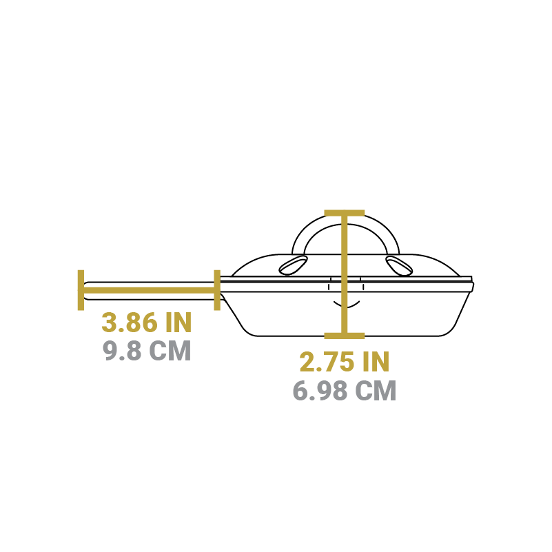 Dimensional drawing of product. Total height including lid handle is 2.75 inches, handle length is 3.86 inches.