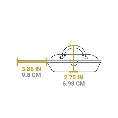 Dimensional drawing of product. Total height including lid handle is 2.75 inches, handle length is 3.86 inches.