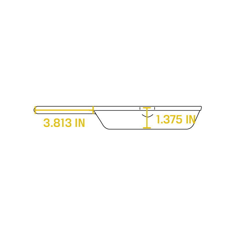 Dimensional drawing product. Depth of skillet is 1.375 inches, handle length is 3.813 inches.