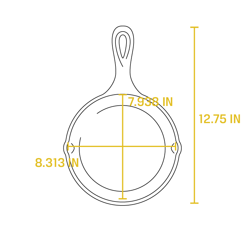 Dimensional drawing product. Full length is 12.75 inches, length of cooking surface is 7.938 inches, width of cooking surface is 8.313 inches.