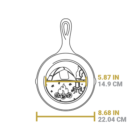 Dimensional drawing of product. Width of flat bottom is 5.87 inches, total width is 8.68 inches.