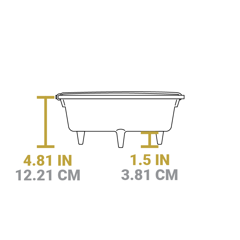 Dimensional drawing of camp dutch oven. Height of dutch oven is 4.81 inches, height of legs is 1.5 inches.
