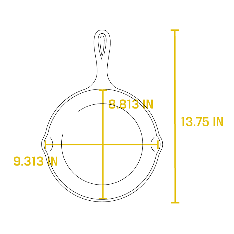 Dimensional drawing product. Full length is 13.75 inches, length of cooking surface is 8.813 inches, width of cooking surface is 9.313 inches.