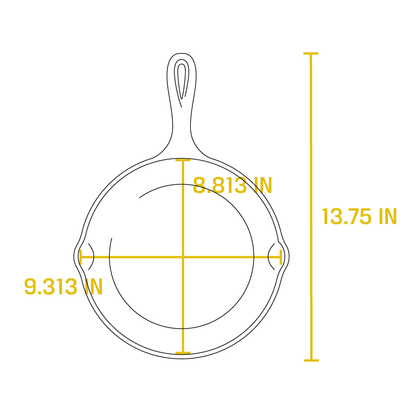 Dimensional drawing product. Full length is 13.75 inches, length of cooking surface is 8.813 inches, width of cooking surface is 9.313 inches.