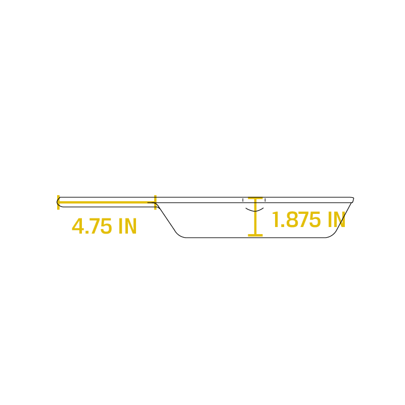 Dimensional drawing product. Depth of skillet is 1.875 inches, handle length is 4.75 inches.