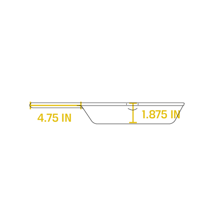 Dimensional drawing product. Depth of skillet is 1.875 inches, handle length is 4.75 inches.