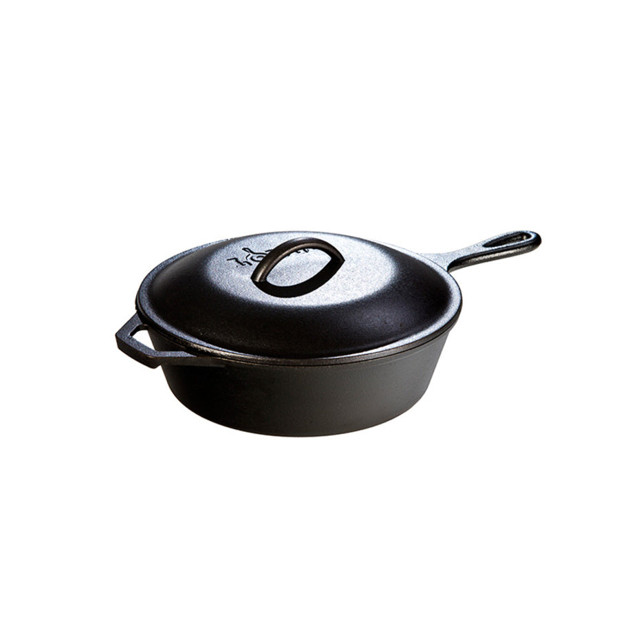 A deep, circular skillet with a longer handle, loop handle, and lid.