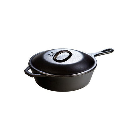 A deep, circular skillet with a longer handle, loop handle, and lid.