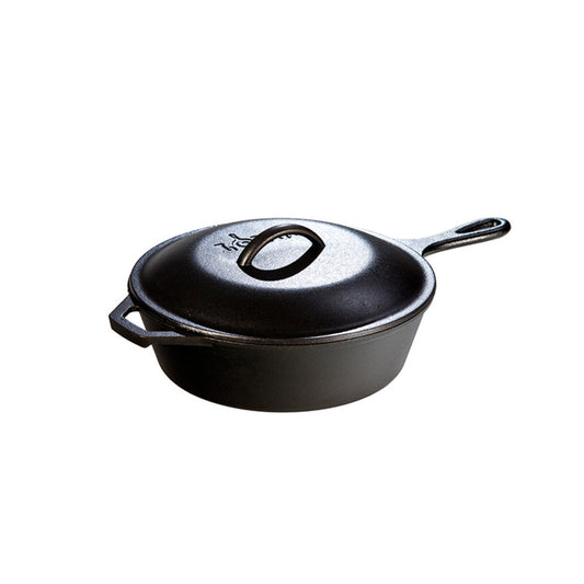 A deep, circular skillet with a longer handle, loop handle, and lid.