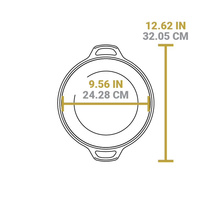 Dimensional drawing of product. Total width including handles is 12.62 inches, width of interior is 9.56 inches.