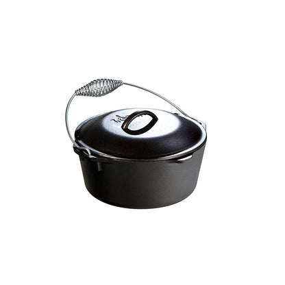 Black cast iron Dutch oven with lid and a silver handle.