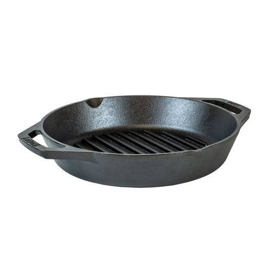 Round grill pan with 2 loop handles and 2 pour spouts.