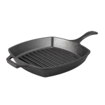 A black square cast iron grill pan with a long handle and a loop handle.