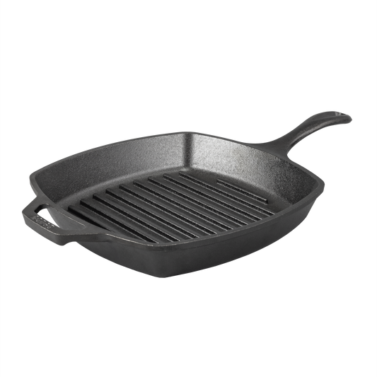 A black square cast iron grill pan with a long handle and a loop handle.