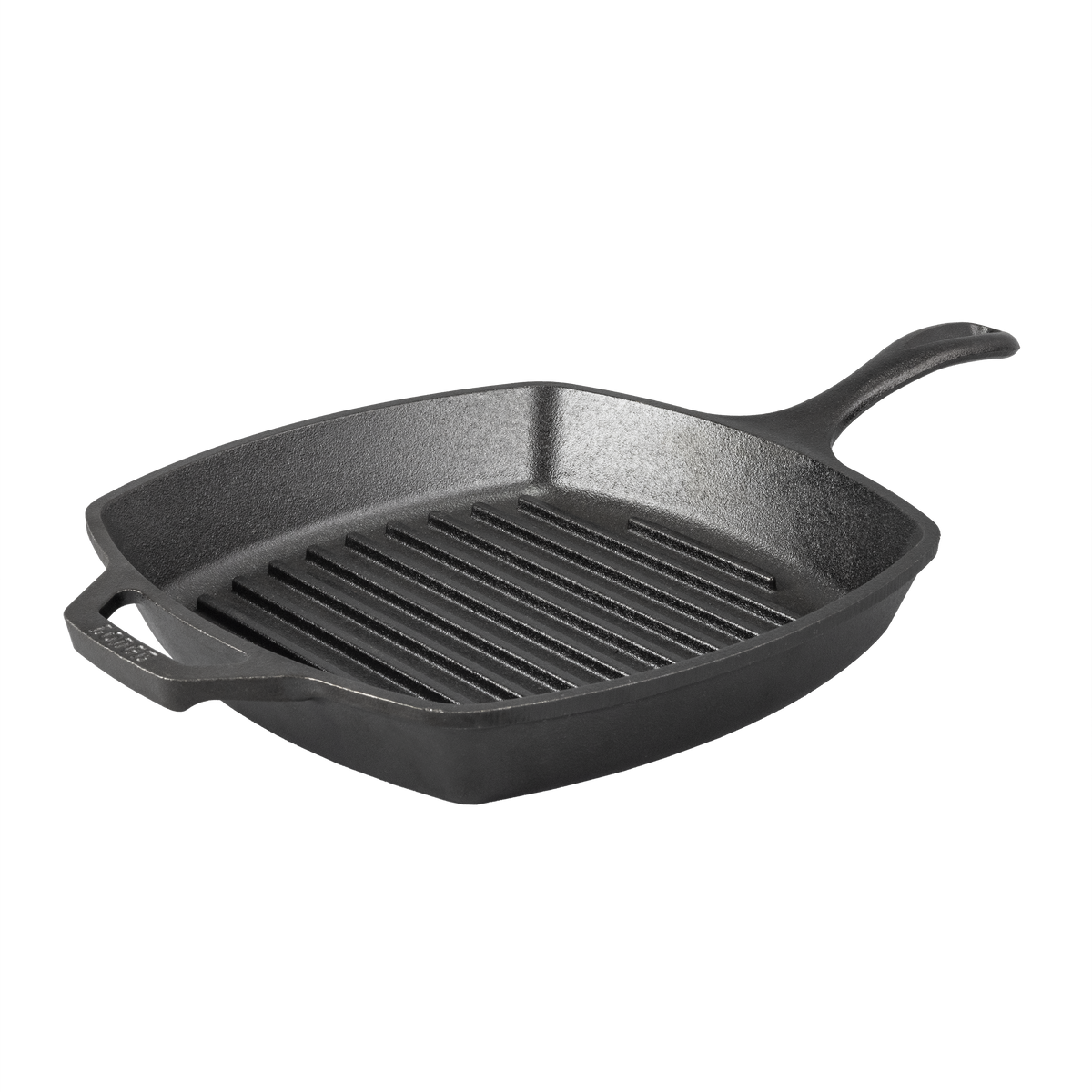 Cast iron grill pan with a long handle and a loop handle.