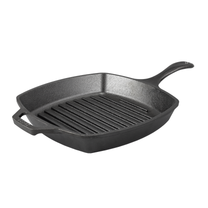 Cast iron grill pan with a long handle and a loop handle.