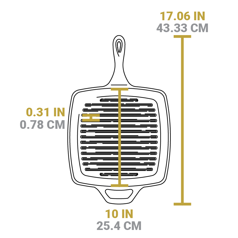 Dimensional drawing of product. Total length including handles is 17.06 inches, total length of cooking surface is 10 inches, and distance between grill lines is 0.31 inches.