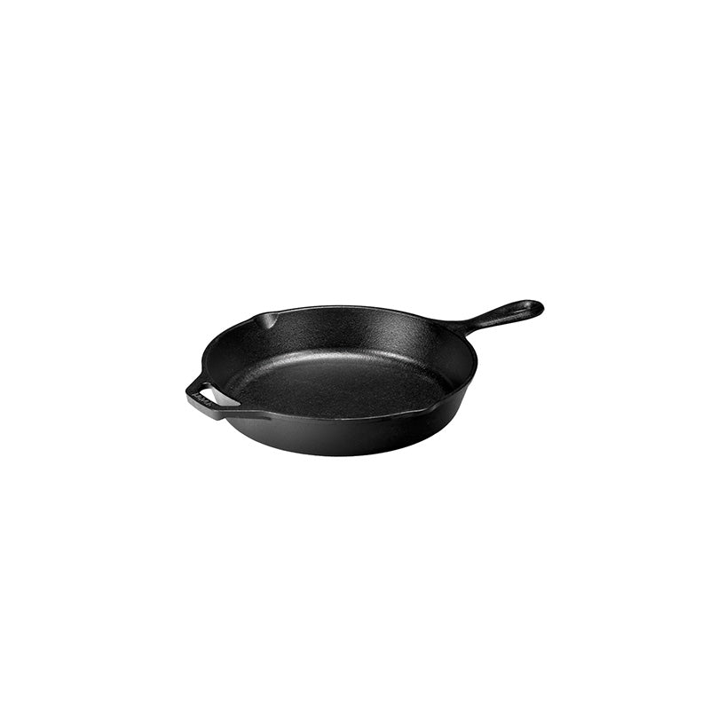 View of cooking area, skillet has a long handle, loop handles, and 2 pour spouts.