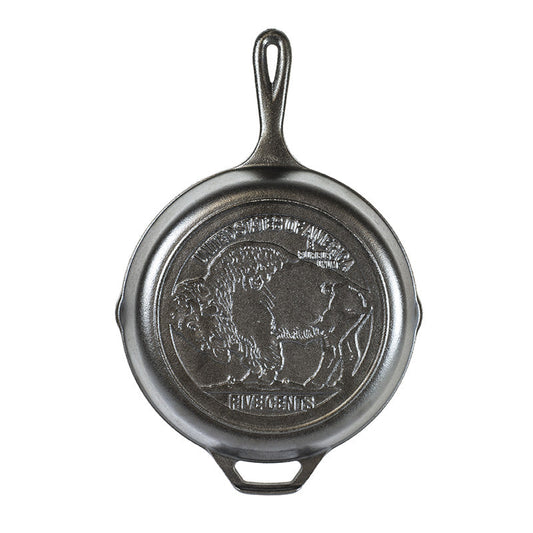 A black cast iron skillet featuring a buffalo design and the text 'Buffalo Nickel'.