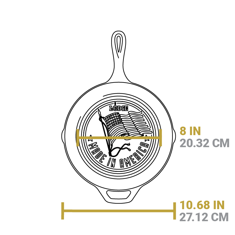 Dimensional drawing of product. Flat bottom width is 8 inches, total width is 10.68 inches.