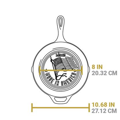 Dimensional drawing of product. Flat bottom width is 8 inches, total width is 10.68 inches.
