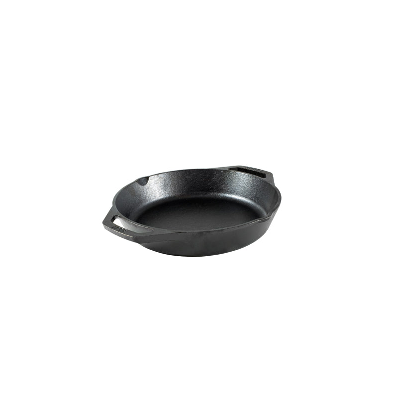 View of pan interior, pan has 2 pour spots and 2 loop handles.