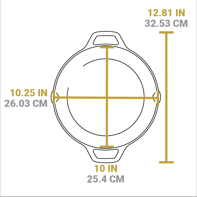 Dimensional drawing of product. Total length including handles is 12.81 inches, width of cooking surface from pour spout to pour spout is 10.25 inches, length of cooking surface is 10 inches.