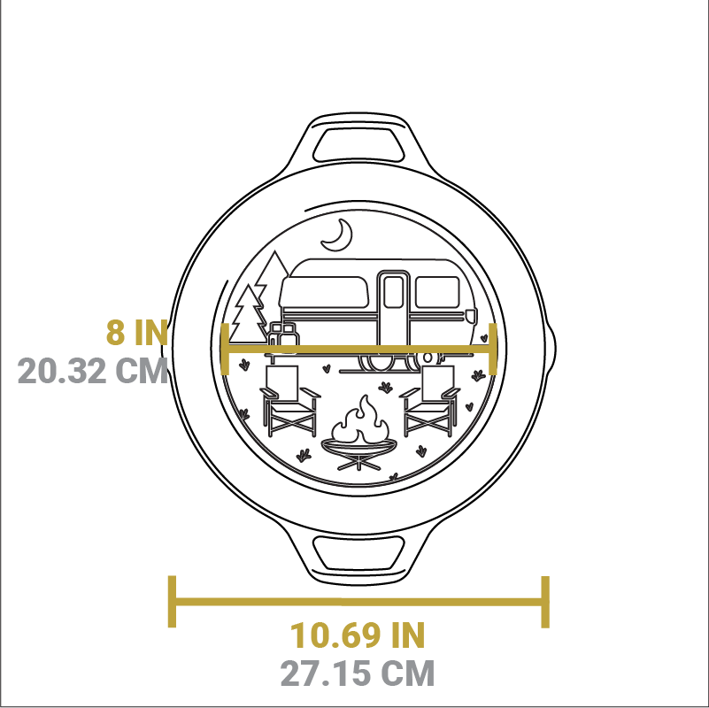 Dimensional drawing of product. Width of flat bottom is 8 inches, total width is 10.69 inches.