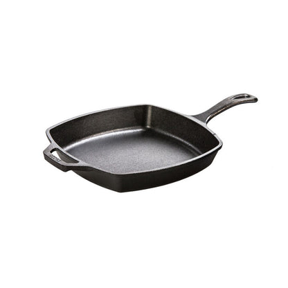 Square skillet with round corners and long handle.